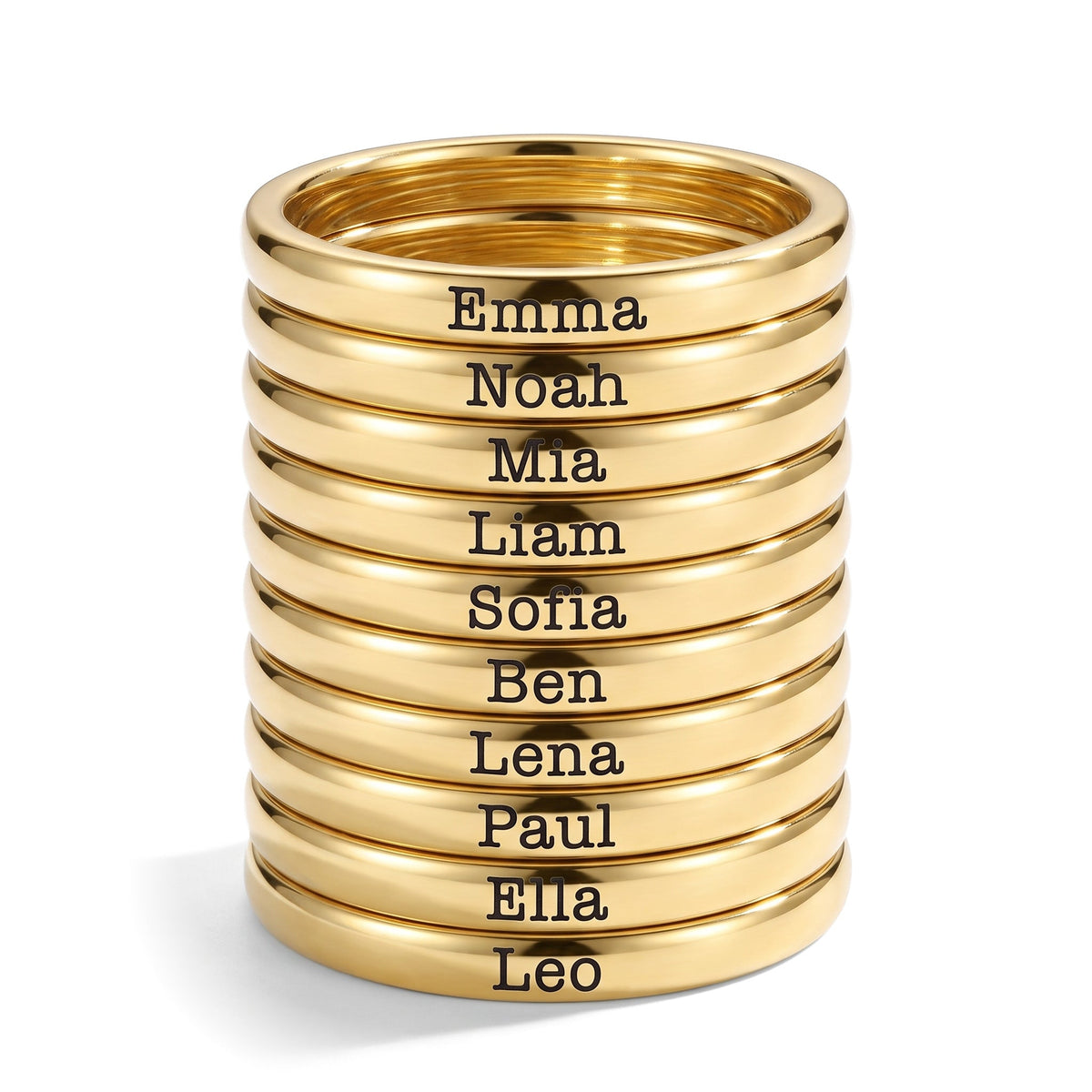 Tunn stapelbar namnring – guld – 10 ringar staplade