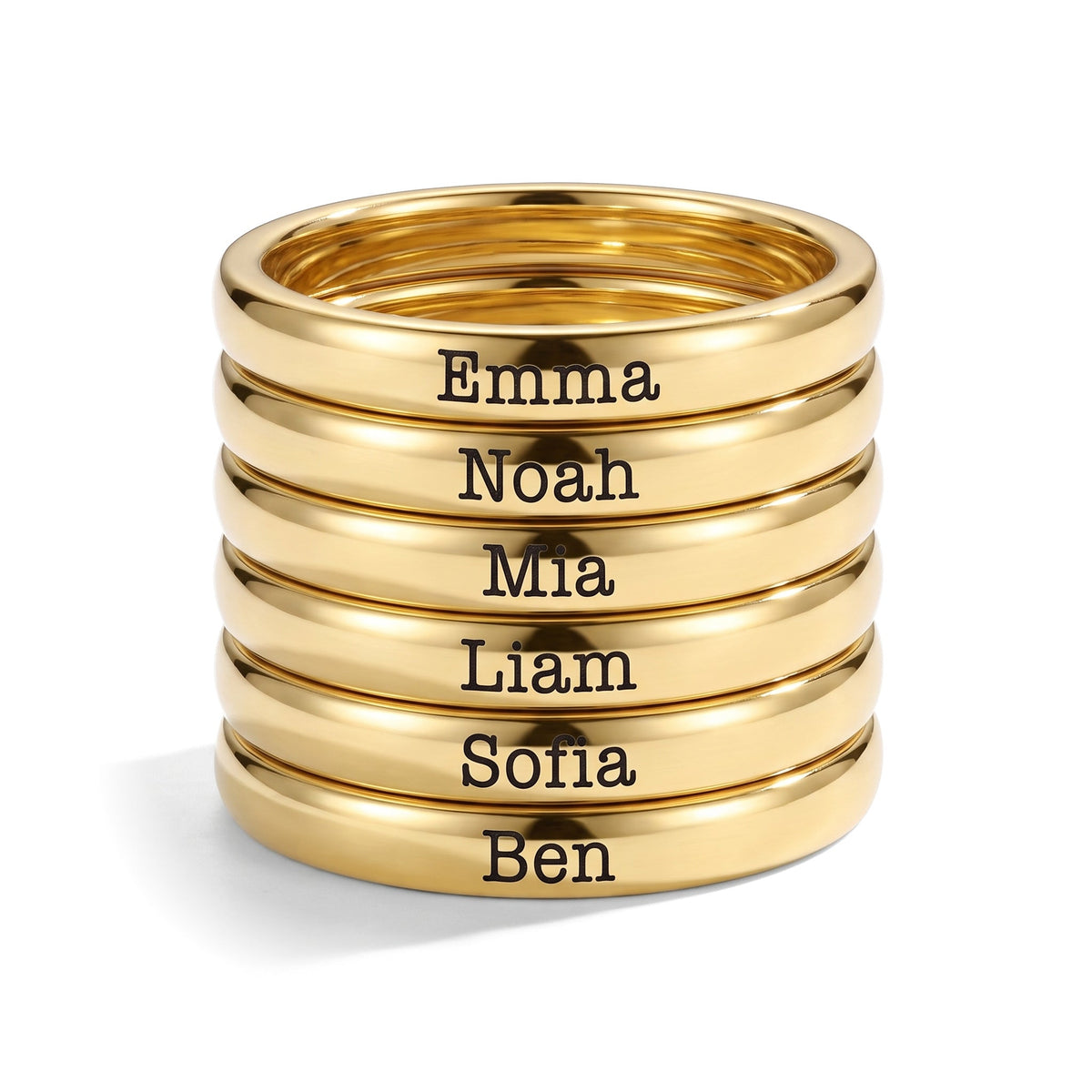 Tunn stapelbar namnring – guld – 6 ringar staplade