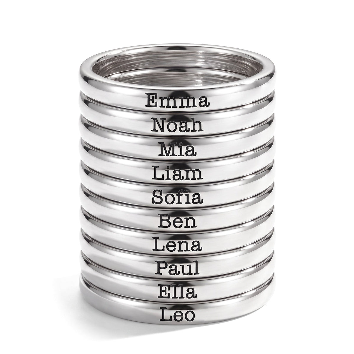 Tunn stapelbar namnring – silver – 10 ringar staplade