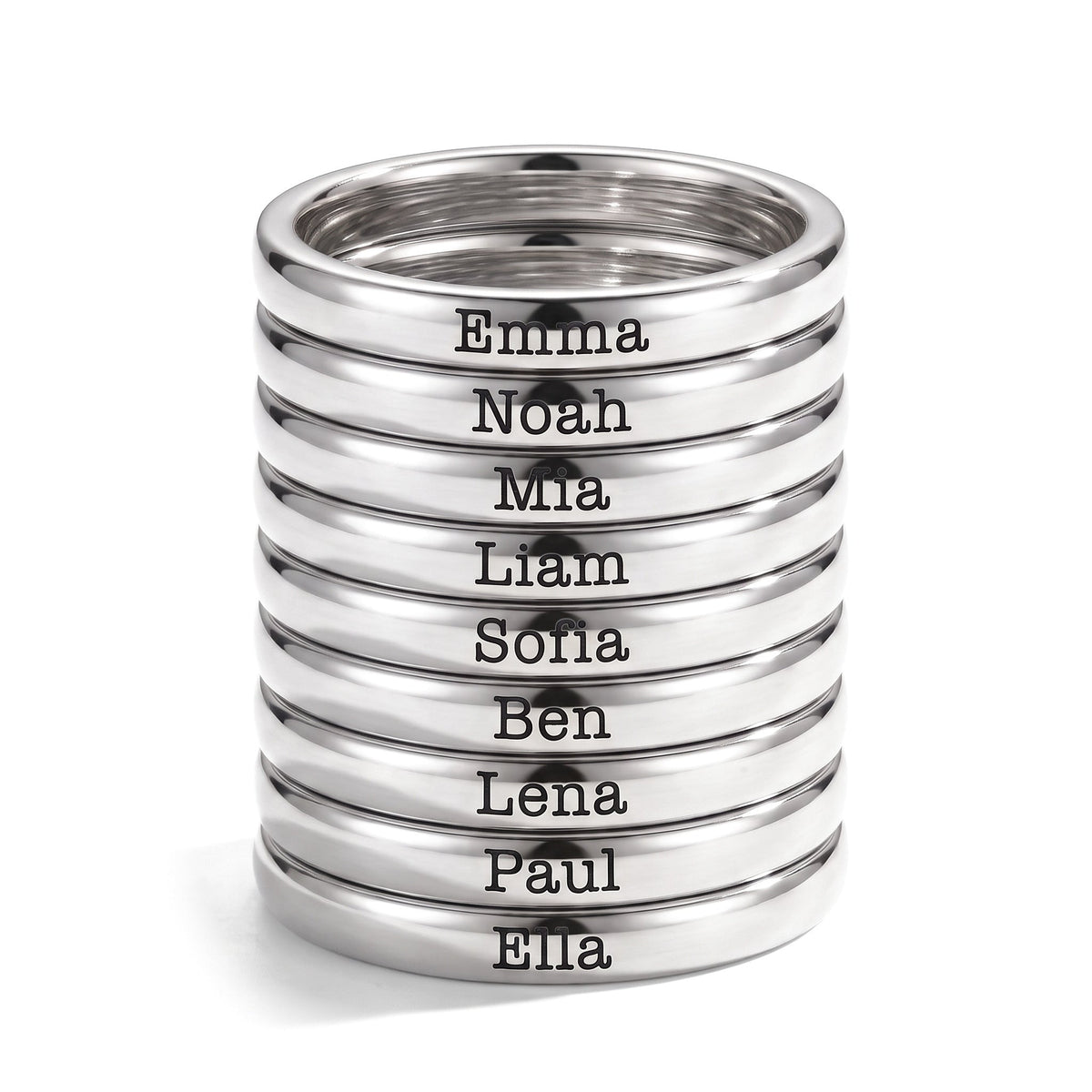 Tunn stapelbar namnring – silver – 9 ringar staplade